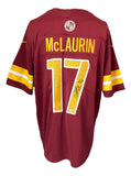 The Sports Integrity Terry McLaurin Signed Commanders Nike Limited Jersey features maroon fabric with yellow and white sleeve stripes, McLaurin's name and number 17 on the back, plus an autograph on the number 7.