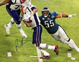 The Sports Integrity Brandon Graham Signed 16x20 SB52 Strip Sack Photo shows Eagles' #55 sacking the Patriots QB, with another New England player partly visible on the left. Authenticated by JSA.