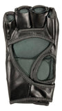 The Bo Nickal Signed In White UFC Fight Glove by Sports Integrity is a black fingerless leather glove with open knuckle and palm sections, designed for martial arts or MMA training.