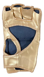 The Sports Integrity Bo Nickal Signed UFC Gold Fight Glove JSA ITP, a gold and black fingerless glove with padding made for combat sports, is displayed against a white background.