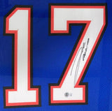 The Sports Integrity Josh Allen Buffalo Signed Framed Blue Football Jersey BAS ITP features a large white number 17 outlined in red and black, with the number 7 signed in black marker and an authentication sticker below the autograph.