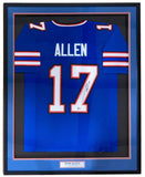 Sports Integrity Josh Allen Buffalo Signed Framed Blue Football Jersey BAS ITP features a blue jersey with white and red stripes, number 17, ALLEN on the back, autograph on the number, and a "Josh Allen" label at the bottom.