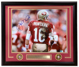 The Sports Integrity Joe Montana Signed Framed 16x20 San Francisco 49ers Back Photo features Montana in a red #16 jersey on the field, with team logos and a nameplate below the autographed photo.
