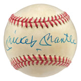 The Sports Integrity Mickey Mantle New York Yankees Signed American League Baseball (BAS AC66412) features a blue autograph on a white ball with red stitching.