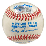 The Sports Integrity Joe DiMaggio New York Yankees Signed American League Baseball (BAS AC66411) features red stitching, blue text, a signature, and includes a Beckett authenticity sticker with QR code and serial number.