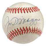 The Sports Integrity Joe DiMaggio New York Yankees Signed American League Baseball (BAS AC66411) features a bold blue autograph on a white ball with red stitching.