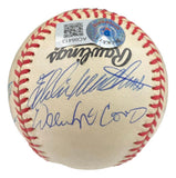 A Sports Integrity MLB 500 Home Run Club NL baseball, signed by Hank Aaron, Willie Mays & 7 others in blue ink, features red stitching and a BAS authentication sticker with QR code.
