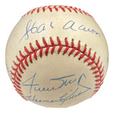 A white NL baseball from Sports Integrity, signed in blue ink by Hank Aaron, Willie Mays & 7 others from the MLB 500 Home Run Club, featuring large central and top autographs.