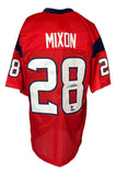 A Sports Integrity Joe Mixon Houston Signed Red Football Jersey BAS features "MIXON" and white number 28 on the back and sleeves, plus Mixon's autograph on the lower back number.