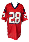 The Sports Integrity Joe Mixon Houston Signed Red Football Jersey BAS features navy and white accents with the number 28 in large white font outlined in navy on the front and sleeves.