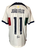 A Joao Felix Signed Portugal Nike Soccer Jersey by Sports Integrity, featuring his name and number 11, with red and green sleeve details and a bold autograph at the bottom.