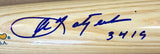 A close-up of the Sports Integrity Carl Yastrzemski Red Sox Signed Cooperstown Baseball Bat 3419 BAS shows a blue ink autograph and "3419" next to the signature, with the wood grain clearly visible.