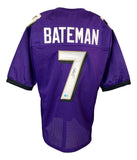 The Sports Integrity Rashod Bateman Baltimore Signed Purple Football Jersey (BAS) features BATEMAN and number 7 with a signature, plus black and white accents on the collar and sleeves.