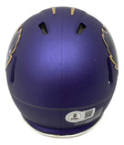 The Sports Integrity Rashod Bateman Signed Baltimore Ravens Alternate Mini Speed Helmet BAS features a purple shell, black vents, gold lightning accents, and a white barcode sticker with a "B" on the back.