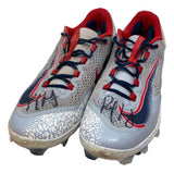 Paul Goldschmidt Twice Signed 2023 Game Used Cardinals Nike Cleats by Sports Integrity. Features gray, red, and blue colors with white soles, visible game use, large side Nike swooshes, and black marker autographs on the toes.