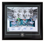 The Sports Integrity Vick McNabb Jaworski Cunningham Signed 16x20 Eagles QB Legends Collage Photo features autographs of all four quarterbacks, the team logo, and a silver medallion.