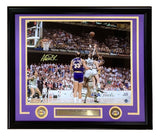 Sports Integrity Magic Johnson Signed Framed 16x20 Los Angeles Lakers Photo vs Celtics features an NBA Finals action shot, visible Lakers and Celtics logos, a nameplate, and BAS authentication.