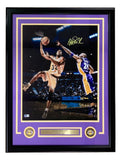 Sports Integrity Magic Johnson Signed Framed 16x20 Lakers Photo vs Kobe Bryant BAS features Magic in a yellow #32 jersey and Kobe in purple #24, with purple/yellow trim and Lakers logos on the frame.