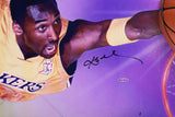 A Kobe Bryant Signed Framed 24x54 Lakers Breaking Through Collage by Sports Integrity shows a player in a yellow jersey reaching up on a purple background, with his black autograph visible near his arm.