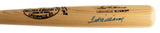A close-up of the Ted Williams Boston Red Sox Signed Louisville Slugger Bat by Sports Integrity, featuring engraved and printed signatures and logos in black and blue ink. Authenticated by JSA (ZZ11949).