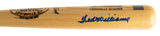 A close-up of a Ted Williams Boston Red Sox Signed Louisville Slugger Bat (JSA ZZ11950) by Sports Integrity, featuring manufacturer stamps and a blue signature on the barrel.