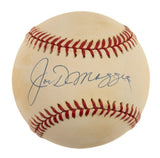 The Sports Integrity Joe DiMaggio New York Yankees Signed American League Baseball (JSA ZZ11956) features a large blue autograph on a white ball with red stitching and is set against a plain white background.