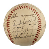A close-up of a 1953 New York Yankees Signed Baseball by Sports Integrity, featuring multiple black ink autographs—including Mickey Mantle and Yogi Berra—some overlapping on the off-white ball with red stitching. PSA LOA included.