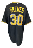 The Sports Integrity Paul Skenes Signed Pittsburgh Pirates Black Nike Replica Jersey features SKENES and number 30 in yellow with white outline on the back, plus an autograph above the number. MLB hologram included.