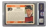 The Eric Lindros Signed 1992 Score #550 Philadelphia Flyers Rookie Card by Sports Integrity is PSA-graded, featuring Lindros in his gear, the team logo, stats, bio details, and early career highlights.