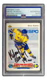 The Sports Integrity Mikael Renberg Signed 1992 Upper Deck #233 Flyers Rookie Card is PSA certified. Renberg appears in a Sweden jersey skating with his stick; "World Junior Tournament" is shown at the card’s bottom.