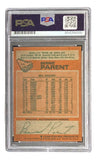 The Sports Integrity Bernie Parent Signed 1978 Topps #15 Philadelphia Flyers Card is PSA authenticated, graded, and encased, featuring career NHL stats and Parent’s facsimile signature with barcode and serial number at the top.