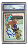 The Sports Integrity Bernie Parent Signed 1978 Topps #15 Flyers Card comes in a PSA case labeled authentic, featuring Parent in goalie gear and his blue ink autograph on the front.
