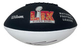 A black and white Sports Integrity football featuring the Philadelphia Eagles Super Bowl LIX logo and Jalen Carter’s autograph on the white panel.