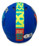A Darius Slay signed Philadelphia Eagles Super Bowl LIX mini Speed helmet by Sports Integrity, featuring a blue shell, yellow and green patterned stripe, red Super Bowl XLIX label on the back, and two top ventilation slots.