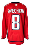 This Alexander Ovechkin Signed Washington Capitals Fanatics Authentic Jersey by Sports Integrity is red, with "OVECHKIN" and number 8 in bold white, plus a signature inside the number 8.