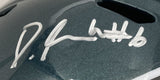 Close-up of a Devonta Smith signed Philadelphia Eagles full size Speed Replica helmet by Sports Integrity, autographed in white marker with the number "6" included.