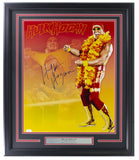 Hulk Hogan Signed Framed 16x20 WWE Photo by Sports Integrity, featuring his autograph, name plaque, and classic yellow and red attire with feather boa and sunglasses. Authenticated by JSA.