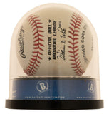 A Sports Integrity Hank Aaron Milwaukee Braves Signed National League Baseball (BAS Auto 10) is displayed in a clear plastic case with a black base and a blue Beckett authentication label.