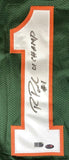 The Roscoe Parrish Miami Signed Green Football Jersey by Sports Integrity features a large white and orange number 1 with Parrish's signature, “01 CHAMP #1” inscription in black marker, and two authentication stickers at the bottom.