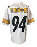 The Sports Integrity Lawrence Timmons Pittsburgh Signed White Jersey features black and yellow sleeve stripes, his name and #94 on the back, and a silver autograph. Comes with JSA hologram.