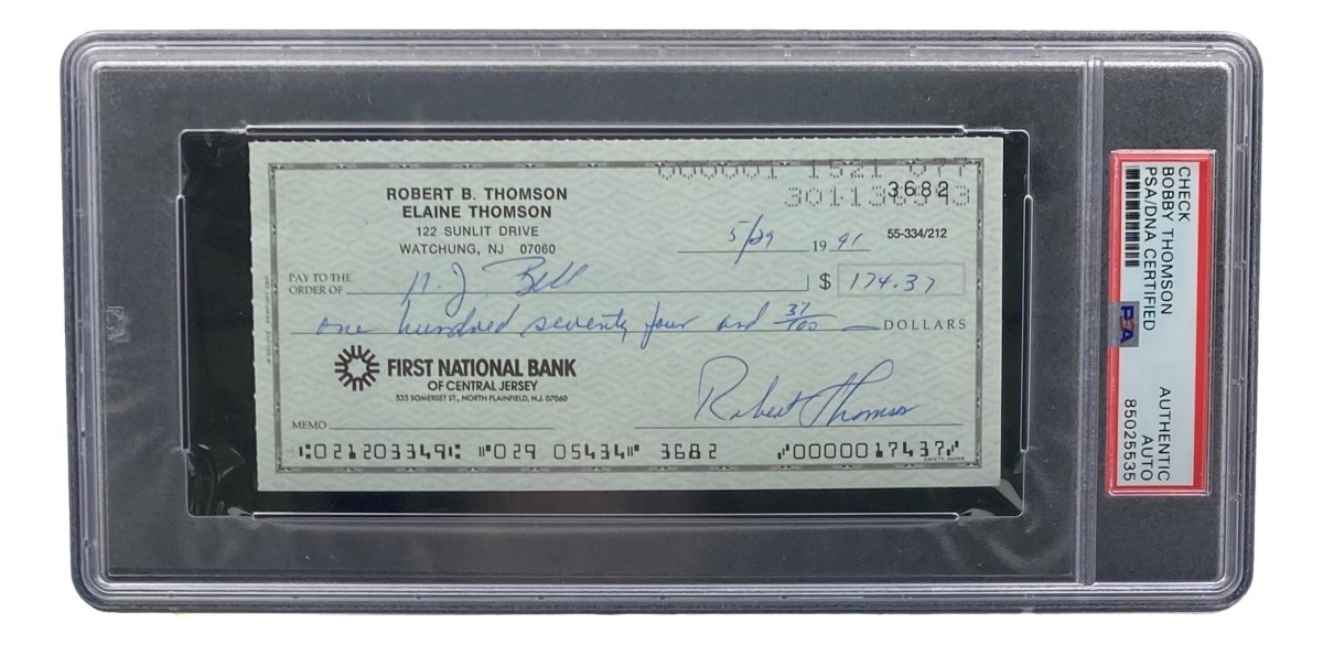 Bobby Thomson New York Giants Signed Personal Bank Check PSA/DNA ...