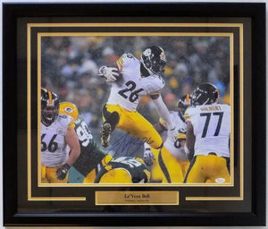 Le'Veon Bell Pittsurgh Steelers Signed Framed 16x20 Snow Hurdle Photo JSA Sports Integrity