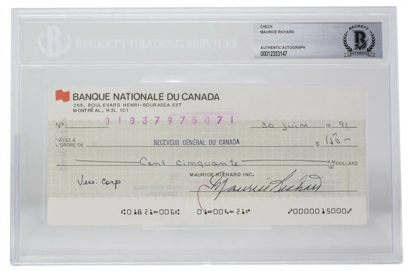 Maurice Richard Signed Montreal Canadiens Personal Bank Check #071 BGS Sports Integrity