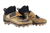 Aaron Donald 2016 Los Angeles Rams Game Used Nike Football Cleats from Sports Integrity feature a gold high-top design with black accents, large strap with Nike logo, and molded studs for traction.