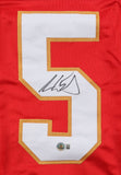 The Sports Integrity Aaron Ekblad Florida Signed Red Hockey Jersey features a large white number 5 outlined in gold with Ekblad's black autograph across the middle.