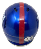 The Abdul Carter Signed New York Giants Mini Speed Helmet by Sports Integrity is blue, viewed from the back with a single red center stripe and a certification sticker near the bottom edge.