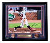 Sports Integrity Ronald Acuna Jr. Signed Framed 16x20 Atlanta Braves Photo features an autograph, team logo coins, and a nameplate below the action image. JSA certified.
