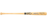 A Ronald Acuna Jr autographed tan Rawlings Adirondack bat, featuring blue ink on the barrel, offered by Sports Integrity.