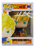 Sports Integrity Ian James Corlett Signed DragonBall Z Super Saiyan Goku Funko Pop #860 JSA 912, features Goku with spiky yellow hair and green eyes. The box displays Corlett’s white autograph on the clear plastic window.