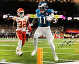 AJ Brown leaps near the end zone in this 16x20 signed Super Bowl 59 Philadelphia Eagles photo (Sports Integrity), holding the ball as a Chiefs defender watches. Autograph is clearly visible.